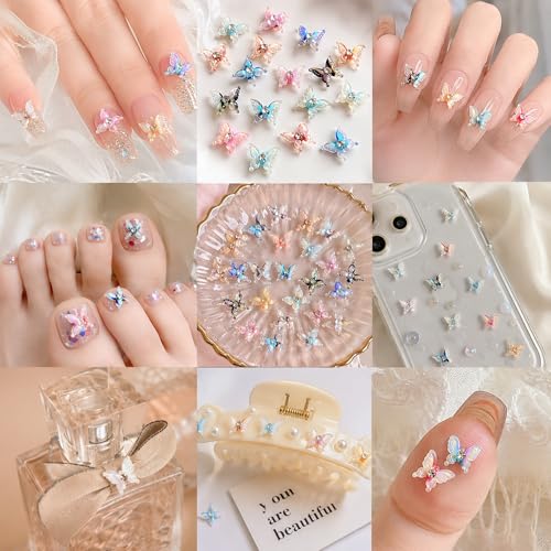50Pcs 3D Butterfly Nail Charms Iridescent Resin Rhinestones for DIY Manicure