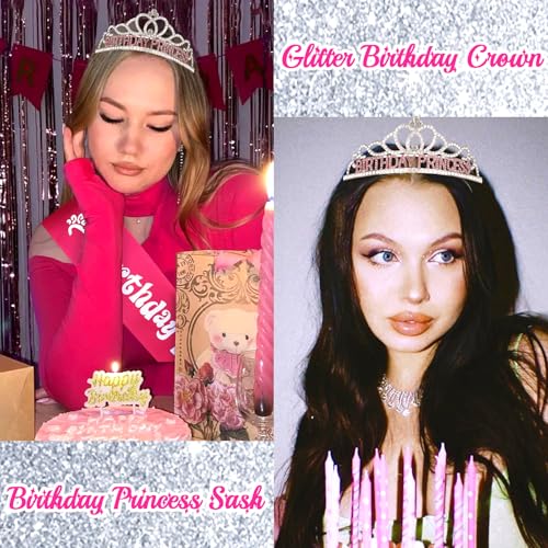 CURASA Birthday Princess Crown and Hot Pink Sash Set for Women