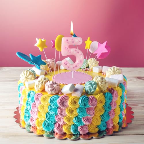Pink Dog Paw Print Birthday Candle - Number 5 Cake Topper