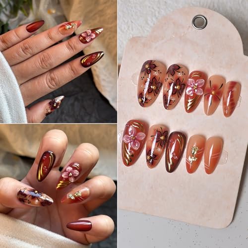 TEEKME Almond Press On Nails - Cozy Marbled Nude Pink & Caramel Floral Fake Nails