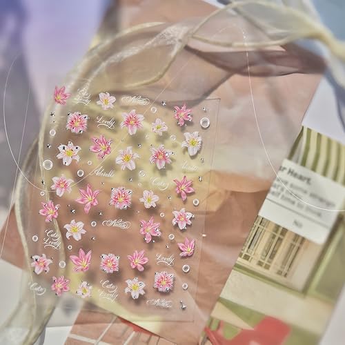 5D Embossed Pink Flower Nail Stickers Summer Floral Decals