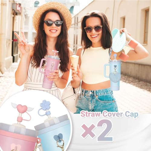 7Pcs Khaki Stanley Cup Accessories Set with Handle Strap, Love Heart/Flower Straw Topper Straw Cover Cap, Silicone Boot, Love Heart Charms for Water Bottle Tumbler 20oz 30oz 40oz