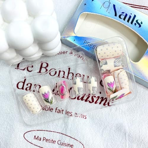 Short Square Floral Press on Nails with Silver Polka Dots (24 Pcs)