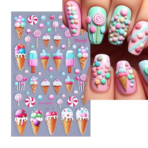 IDDFEVE Dessert Nail Art Stickers - Ice Cream & Lollipop Decals (3 Sheets)