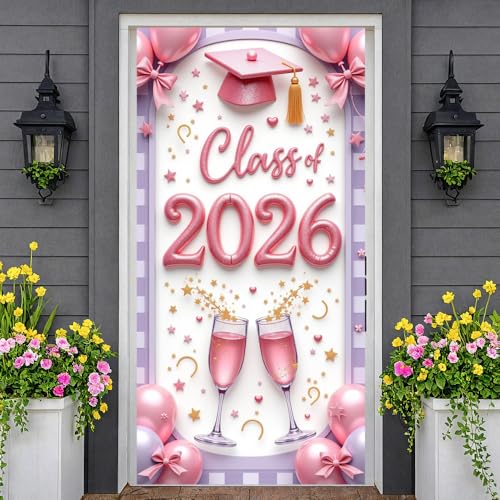 Class of 2026 Graduation Door Cover Banner - Pink Grad Cap & Champagne