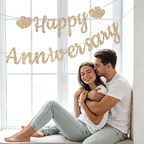 Pre-Strung Gold Glitter Happy Anniversary Banner | Wedding Decor