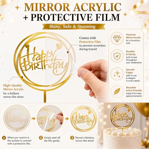 6PCS Gold Mirror Acrylic Happy Birthday Cake Toppers Set
