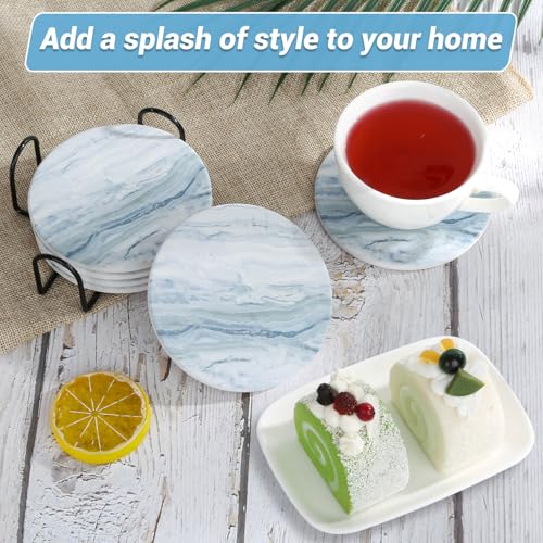 Acejoz 6-Piece Blue Marble Ceramic Coaster Set with Metal Holder