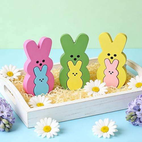 DAHI 6pcs Wooden Easter Bunny Table Decorations Nesting Rabbit Figurines Set