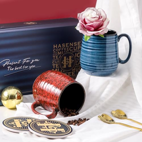 Blue & Red Ceramic Coffee Mug Set of 2 - 20 Oz Large Latte Cups with Handle, Gift Box & Coaster & Gold Spoon - Holiday Gift