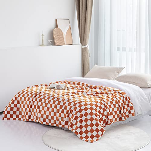 Orange Flannel Throw Blanket with Checkerboard Pattern - 90x110 inches, Soft & Warm for Couch & Bed