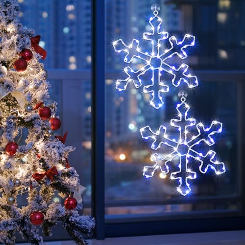 Snowflake Christmas Window Lights 12 Inch Blue White LED String Lights - 8 Modes Battery Powered Set with Suction Hooks