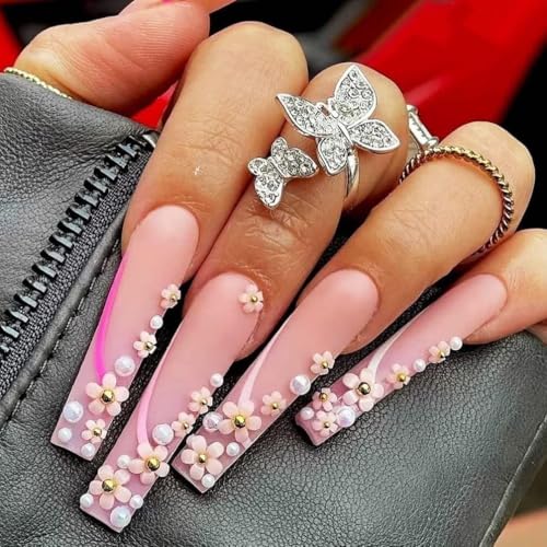 La Jolie Jasmin Pink and White Flower Nail Charms with Rhinestones, Pearls, and Caviar Beads for 3D Nail Art and DIY Crafts