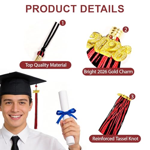 2026 Graduation Tassel with Gold Charm - Red and Black Rayon Cap Accessory