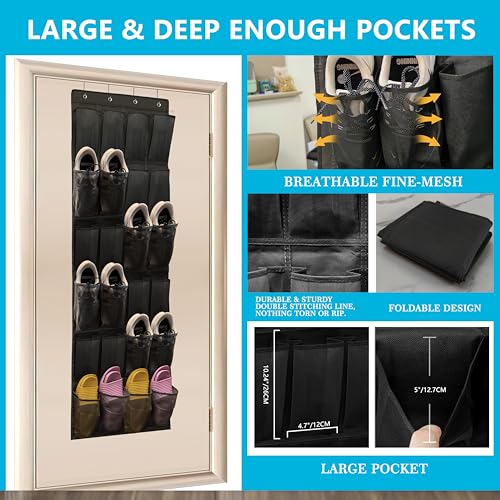 Over The Door Shoe Organizer with 24 Breathable Mesh Pockets - Black