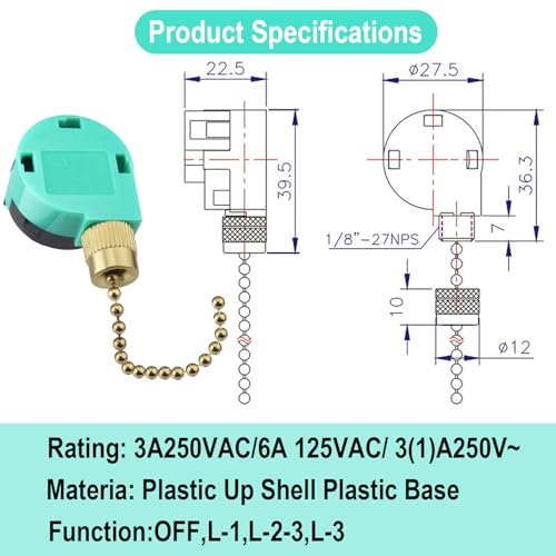 BFXM Gold Ceiling Fan Switch ZE-268S6 - 3 Speed Control, 4 Wire
