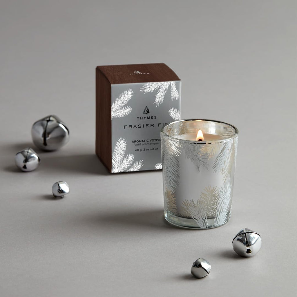 Thymes Frasier Fir Candle – Pine Needle Design – Holiday Scented Candle – Notes of Crisp Siberian Fir, Cedarwood & Sandalwood – Luxury Home Fragrance Gifts for Women & Men – Silver (Statement, 2 oz)