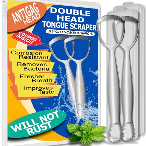 Orthomechanic Stainless Steel Tongue Scrapers Pack of 2 with Travel Cases