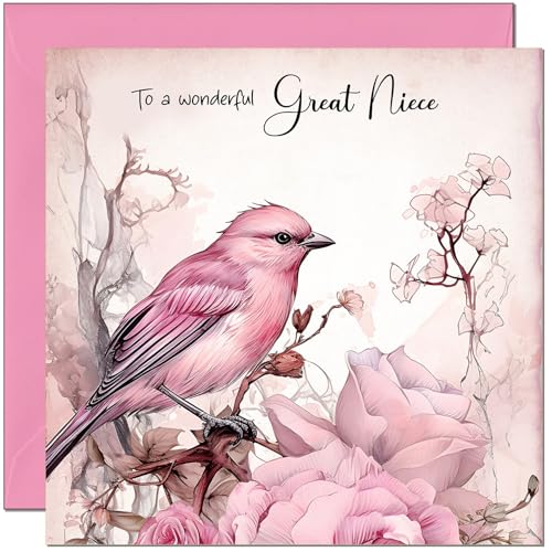 Great Niece Pink Birthday Card Floral Bird Design with Envelope