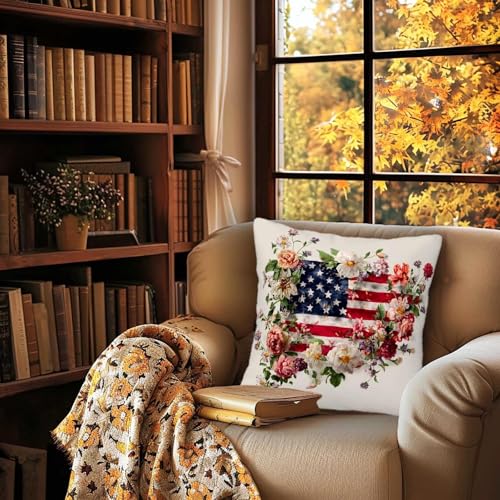 Floral Flag Fusion Throw Pillow Covers 18x18 (Set of 2) - Vintage American Design