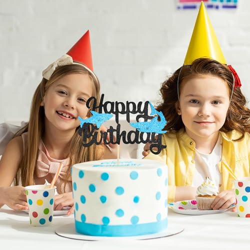Blue Glitter Shark Happy Birthday Cake Topper for Ocean Parties