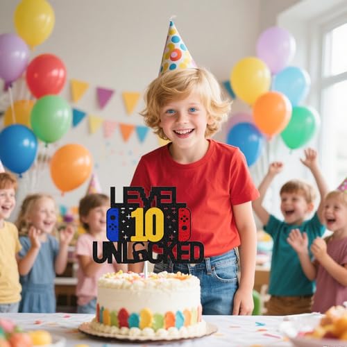 Level 10 Unlocked Cake Topper Black Glitter Video Gamer Birthday Party