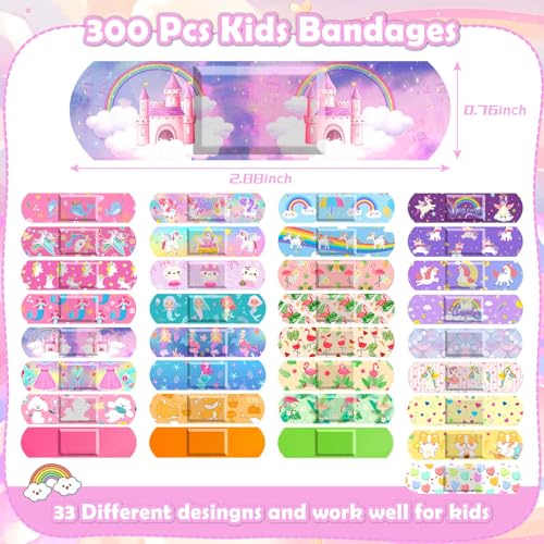 33 Styles Kids Cartoon Bandages 300 Pcs Adhesive Flexible Unicorn Bandages Cartoon Bandaids Variety Pack Waterproof Breathable Protect Scrapes and Cuts for Girls Boys Children Toddlers(Cute)