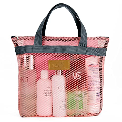 TOPASION Pink Mesh Shower Caddy Bag - Portable Toiletry Organizer for Travel & Gym