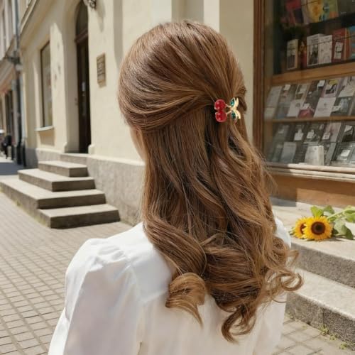 GAFATORY Mini Cherry Hair Claw Clips - 6 Pack Cute Non-Slip Rhinestone Hair Accessories for Women and Girls