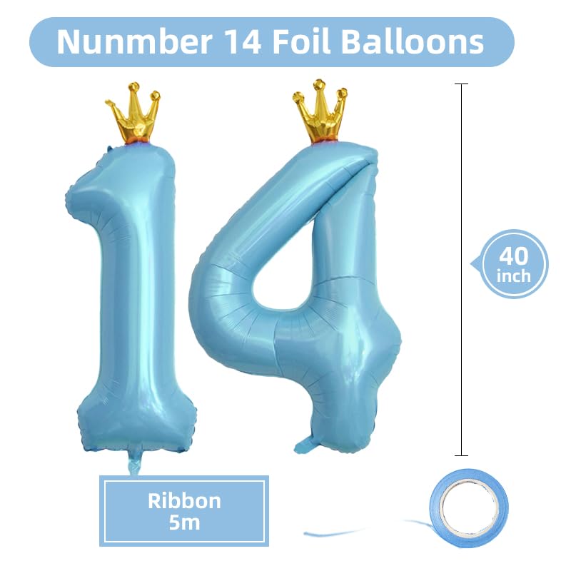 40 Inch Blue Number 14 Foil Balloon with Crown for Birthday Party