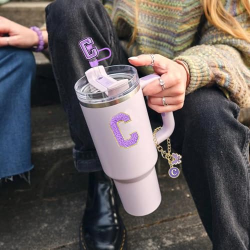9pcs Cup Accessories Set, Butterfly Straw Cover Cap for Stanley Cup 30oz/40oz,Sticker for Stanley Decorations,Initial Letter Charm Personalized Spill-Proof Silicone Stoppers (Purple A)
