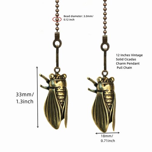 GDQLCNXB Ceiling Fan Pull Chain Set, 12 Inches Vintage Solid Cicadas Charm Pendant Pull Chain Extender with Connector, 4Pcs