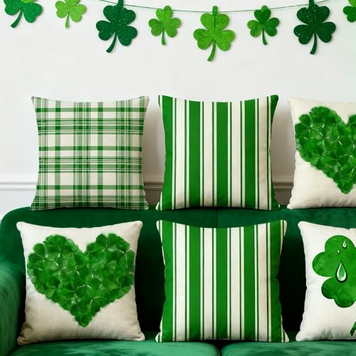 St Patrick's Day Pillow Covers Pack of 4 - Green Heart & Stripes 18x18