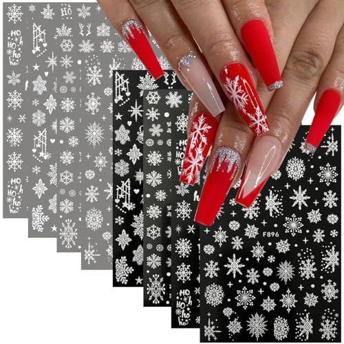 8 Sheets White Glitter Snowflake Nail Art Stickers 3D Self-Adhesive Decals