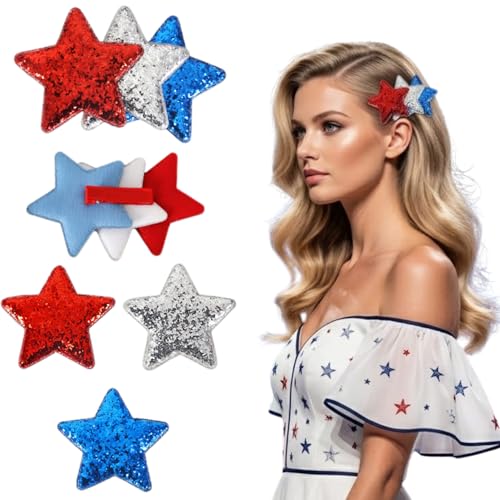 Patriotic Star Hair Clips Set 4 Pcs Red White Blue Glitter Hair Pins