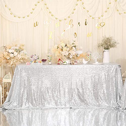 Silver Sequin Tablecloth 90x156 Inch Rectangle for Party Wedding Events - Silver Variation