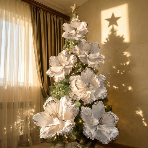 Elegant White Christmas Poinsettia Magnolia Flowers Decor - 6 Pieces Extra Large