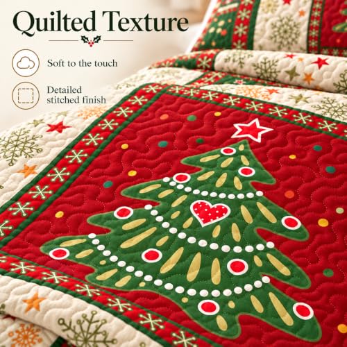 King Christmas Quilt Set with 3-Piece Patchwork Tree Design - Red, Bedding