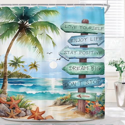 Riyidecor Tropical Palm Tree Shower Curtain 72x72 Inches with 12 Hooks - Coastal Beach Nautical Design Waterproof Fabric