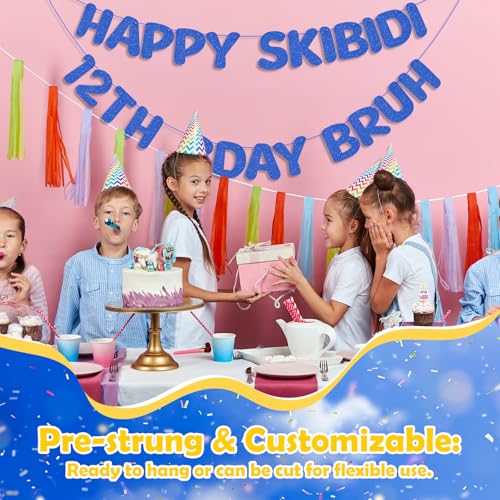 Happy Skibidi 12th Bday Bruh Glitter Banner Dark Blue Party Decoration