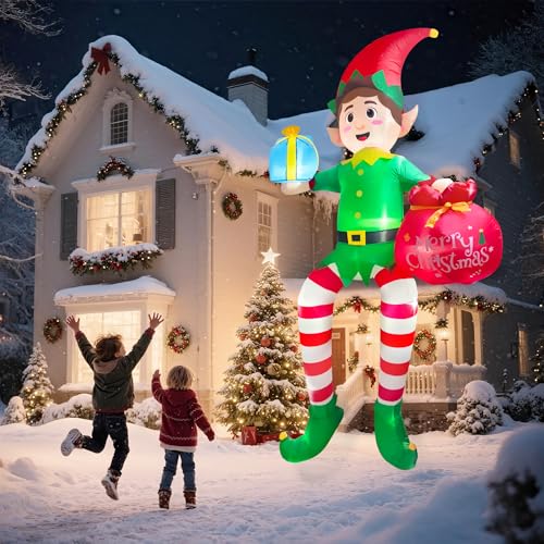 10FT Sitting Elf Inflatable Christmas Yard Decoration with LED Lights - Buddy the Elf with Gift Bag