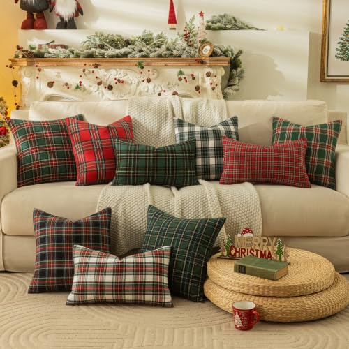 Christmas Plaid Throw Pillow Covers Set of 2 - Red & Green 22x22 Inches