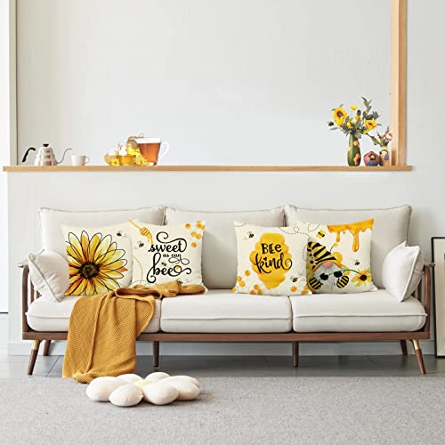 Summer Bee Throw Pillow Covers Set of 4 - 18x18 Inch Gnome Sunflower Design