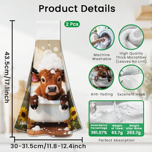 CUTHOLLOW 2 Pcs Bathroom Cow Hanging Kitchen Towels with Loop – Stylish & Absorbent Microfiber Towels for Kitchen & Bathroom Decor
