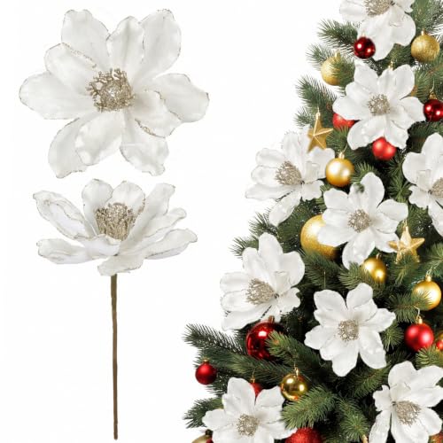 White Glitter Magnolia Artificial Flowers for Christmas Tree - 10 Pieces