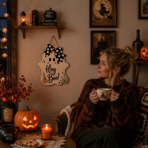 Hey Boo Ghost Door Sign - Cute Wooden Halloween Decoration