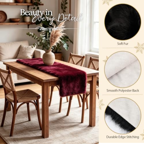 Burgundy Faux Fur Table Runner - Luxury Christmas Home Decor, 35.4 Inch