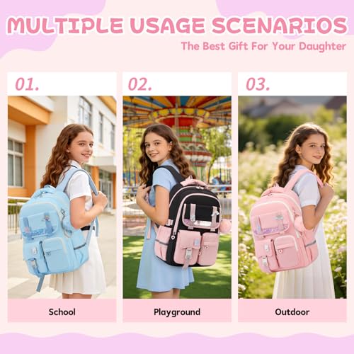 MUSEVOS Girls School Backpack - Large Water-Resistant Bookbag, Black Pink
