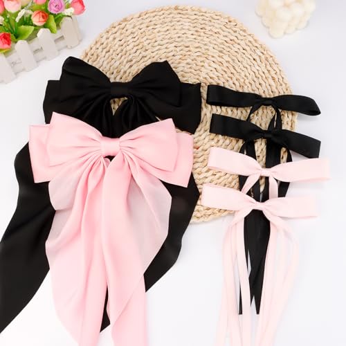 CUBACO 6PCS Silky Satin Hair Bow Clips with Alligator Clips, Black & Pink