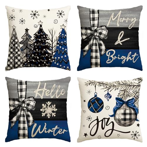 Merry Christmas Blue & Black Throw Pillow Covers - Set of 4, 18x18 Inch